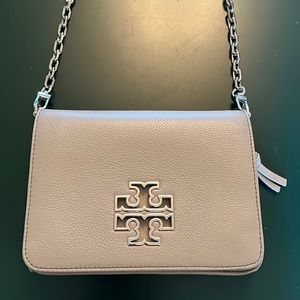 Tory Burch (taupe/gray) leather crossbody purse with silver chain